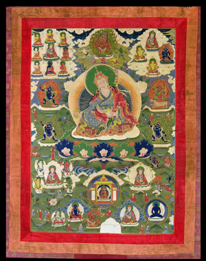 Thangka of Padmasambhava with thirty-one major and several minor figures depicting Padmasambhava's Emanation (textile)
