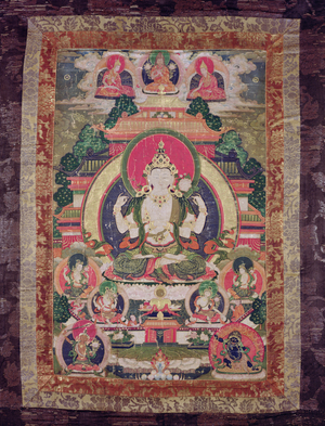 Thangka possibly of Vairochana's emanation Sarvavid, with nine major figures, 19th-20th century