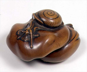 1976-200 Wooden Snail on a Mushroom Netsuke, Japanese, 1800-50