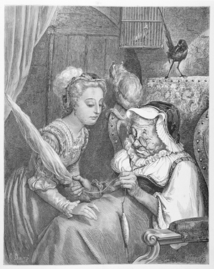 The Princess and Fairy Spite, engraved by Stephane Pannemaker (1847-1930) 1861 (engraving)