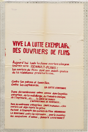 France - Poster May 1968 - Poster, France, May 68: Long live the exemplary struggle of Flins workers. Serigraphy, text poster, 55x85 cm, Ecole nationale Superieure des Beaux Arts