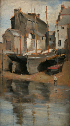 Boats and Cottages (oil on panel)