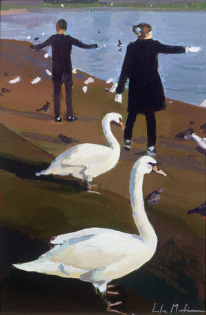 Feeding the Swans at the Round Pond (oil on board)