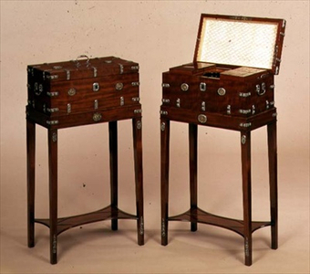 Pair of George III mahogany caskets on stands, a teapoy and a work box, with decorative cut-steel clasps, and medallions set with jasperware panels 18th century