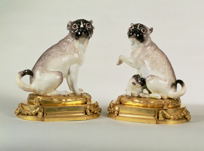 Pair of Meissen porcelain figures of pug dogs mounted in Louis XVI ormolu, c.1750 (porcelain)