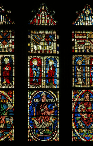 Window depicting genealogical figures including Obed (stained glass)