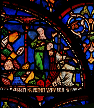 Detail from the Miracle Window depicting a wall falling on the infant Geoffrey of Winchester (stained glass)