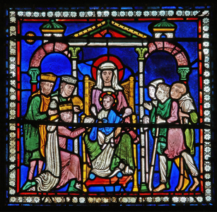 Detail from one of the Bible Windows depicting the adoration of the Magi and the Shepherds (stained glass)