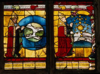 The Creation of the Earth and the Seas and the Creation of the Sun, the Moon and the Stars, detail of the Genesis window, French, 16th century (stained glass)