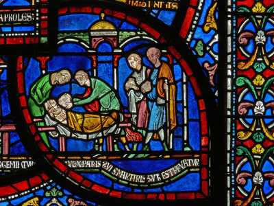 Detail from the Miracle Window depicting Jordan Fitzeisulf's story (stained glass)