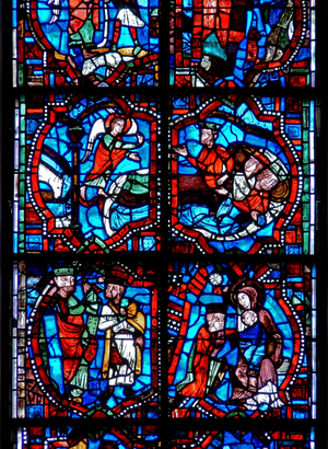Window depicting scenes from the Childhood of Christ, including the Magi being warned in their sleep, and the Magi with Virgin and Child (stained glass)