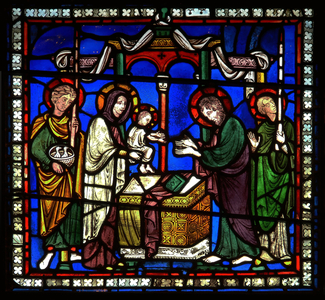 Detail from one of the Bible Windows depicting the presentation in the temple (stained glass)