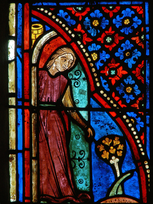 Detail from a window depicting scenes from the life of St. Mary the Egyptian (stained glass)