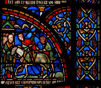 Detail from the Miracle Window depicting a scene from the rescuing of William of Gloucester (stained glass)