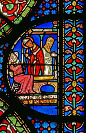 Detail from the Miracle Window depicting the healing of Godbold of Boxley's daughters (stained glass)