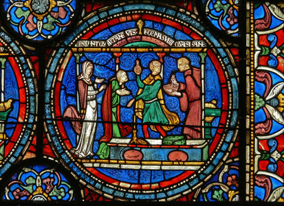 Detail from the Miracle Window depicting Audrey of Canterbury taking healing water (stained glass)