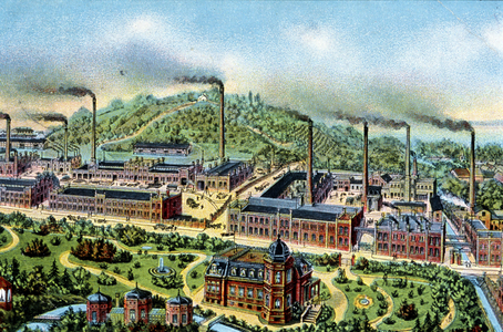 Romantic vision of an industrial area where nature, houses and factories coexist ideally. Postcard from 1900.