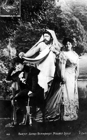Henriette Rosine Bernard aka Sarah Bernhardt (1844-1923), in a theatre scene with actress Bartet and actor Mounet-Sully (b/w photo)