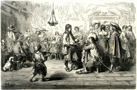 The hotel on Rue Dauphine, near Porte Dauphine in Paris in the time of Louis XIII (17th century). Engraving by Gustave Dore illustrating Theophile Gautier's novel “” Le capitaine Fracasse””, edition Charpentier 1863.