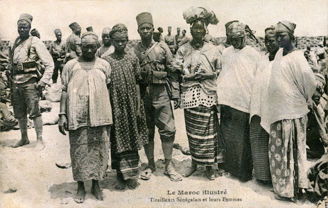 Senegalese Tiraileurs with their families, Morocco, early 20th century (b/w photo)