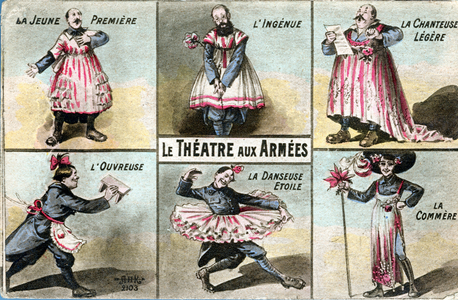 WWI postcard, theatre in the army, disguised soldiers playing comedy in female roles (drawing)