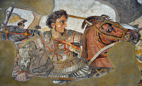 Alexander the Great (356 - 323 BC) on his horse Bucephale - detail of a mosaic of Pompei: Battle of Issos between Alexander and Darius (4th century BC). - opus vermiculatum - Musee Archeologique de Naples, Italy - Museo Archeologico Nazionale, Napoli, Italia - Photo Patrice Cartier -