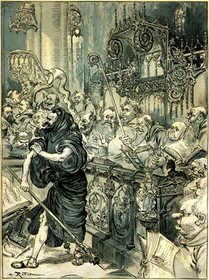 Frere Jean des Entommeures, character of “Gargantua”” and “Pantagruel””” took over the fight (baton) of the Cross - an illustration by Robida for the complete works of Francois Rabelais published by the Illustree Bookshop in 1885
