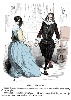Scene of the piece by Moliere L'Avare - engraving by Janet-Lange (Janet Lange) for a popular edition Barba 19th century - Elise (daughter of harpagon) making a reverence: I don't want to marry, my father, please. Harpagon counterfeiting (imitating) Elise: And I, my little daughter, my baby, I want you to marry, please - Act 1 scene 4 -