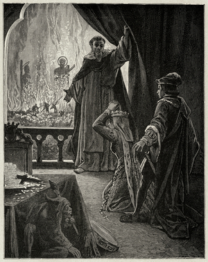 Illustration (not creditee) for the theatre piece “” Torquemada”” by Victor Hugo. Tomas de Torquemada (1420-1498), Dominican and Spanish inquisitor, remains famous for his intolerance and rigour. He was a representative before King Ferdinand II of Spain and Queen Isabella of Castile. His “Instruction” (1494) served as the basis for the rules of the Inquisition.