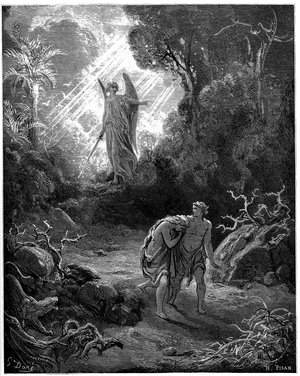 Adam and Eve Hunts from Paradise - Illustration by Gustave Dore for The Bible -