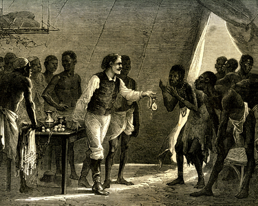 Barter in Black Africa: a European explorer offers glassware (colifichet) to members of a negre tribe - visit of the old Chol (Dinka - Mechra) - Illustration (detail) of the book “In the heart of Africa (1868-1871), travels and discoveries in the unexploded regions of Central Africa” by George Schweinfurth (Hachette edition of 1875 after the English edition of 1873 and the publication in 1874 in the journal “” Le tour du Monde”” edited by Edouard Charton - from “” The Heart of Africa. Three years' travels and adventures in the unexplored regions of Central Africa from 1868 to 1871”, by Georg Schweinfurth -