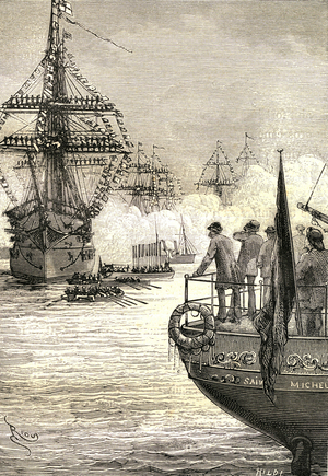 On 24 June 1881, the writer Jules Verne, at the port of Copenhagen, watches a squadron of the English fleet welcoming the king of Denmark.