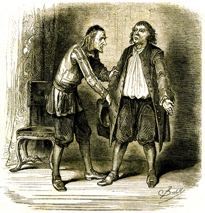 Scene of the piece by Moliere L'Avare - Harpagon and his valet, 1863 (engraving)