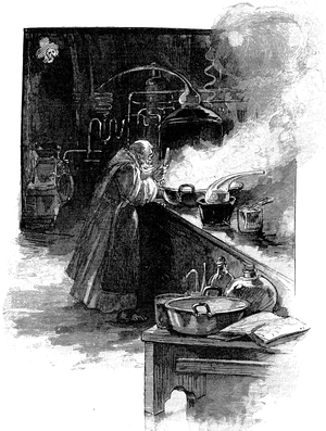 Illustration late 19th century for history (tale) “The elixir of the reverend father Gaucher” by Alphonse Daudet in “” Les Lettres de mon Moulin”” - distillery, distillation, liqueur, monk, monks, convent, abbey -