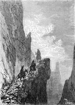 vignette from Jules Verne's book “The children of Captain Grant, voyage around the world”” (1867) - Hetzel collection/Extraordinary Voyages - Drawing by Riou: 3 riders, mounted on mules, climb a steep mountain path in the fog (p. 84)