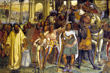 Abbey of Monte Oliveto Maggiore, Florence - fresco of the refectory of the monks made by Antonio Bazzi dit il Sodoma (1477-1549) recounting the life of Saint Benedict of Nursia (480-567) founder of the Order of Benedictine: “How Saint Benedict of Nursie receives the two young Romans named Maur and Placide”, detail, 1503-1508