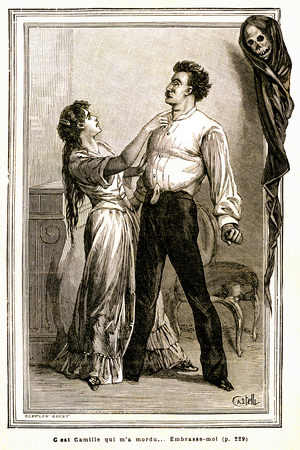 Illustration by Horace Castelli (1825-1889) for the novel by Emile Zola “” Therese Raquin””. Laurent and Therese got married after killing Therese's first husband, Camille. But the specter of the latter disturbs the wedding night of the murderer couple. The victim's bite on his assassin's neck wakes up... Crime - remorse - punishment. Engraving of the Edition Charpenter-Fasquel 1906.