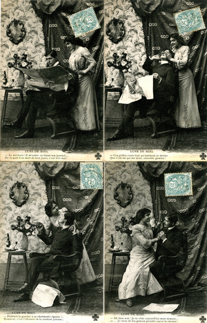 The first difficulties of a couple of young marriages: A young woman in love reproaching her husband for preferring reading her diary to her wife's company. Series of 4 postcards illustrating the “honeymoon””. Early 20th century (1906)
