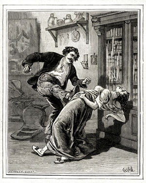 Illustration by Horace Castelli for Emile Zola's novel “Therese Raquin””. Laurent and Therese got married after killing Therese's first husband. But guilt undermines the couple and when Therese gets pregnant, she gives herself to Laurent's blows to cause a miscarriage. Domestic violence - crime. Engraving of the Edition Charpenter-Fasquel 1906.