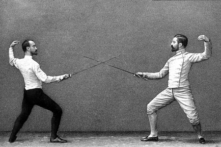 Fencing figure, salute to arms, first warning, 1900 (engraving)