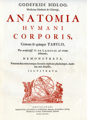 Title page of the anatomy “” Anatomia Humani Corporis”” (1685) by Godefridi (Govert or Govard) Bidloo (1649-1713) 18th century