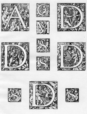 Capital letters (lettrines) with ornamentation of musical angels in the style of the Amores of Otto Venius, employees in an edition of the Mages of G. de la Hele by the Dutch printer Plantin-Moretus (16th-17th century). Letters cut into the wood by an unknown engraver.