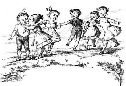 Children - dance - round - rhyme - kiss - kiss - kiss - kiss - fun outside in a garden - illustration by L. Nehlig from J.B. Weckerlin's book “” Chansons et ronde enfantines””, Edition Garnier 19th century.