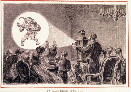 Screening session of the Magic Lantern, c.1870 (engraving)