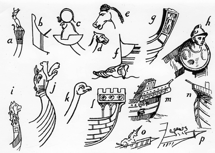 Figures of the bow of ancient ships: a, b, c = Egyptian - d, e = Phenicians - f = Greek - g, h = Roman - i = Bayeux tapestry - j = 11th century - k = 13th century - l = Seal of Dover - m = Jesus of Lubeck - n = 15th century caravel - o = Unicorn - p = salamander. Isolated engraving undated.