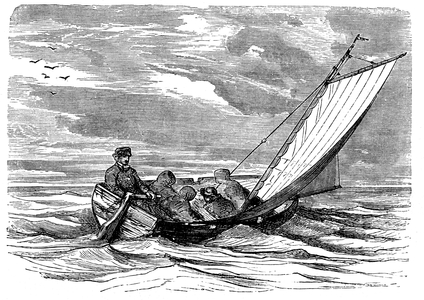 Sailing boat on the sea. Engraving by Riou illustrating Jules Verne's novel “” Adventures of Captain Hatteras””