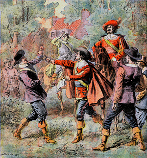 The Musketeer of Artagnan, escorted by his friend Porthos, threatens an opponent with his pistol - Illustration by Damblans for the novel “The Three Musketeers” by Alexandre Dumas in the “Diary des roman populaires illustres””” beginning 20th century -