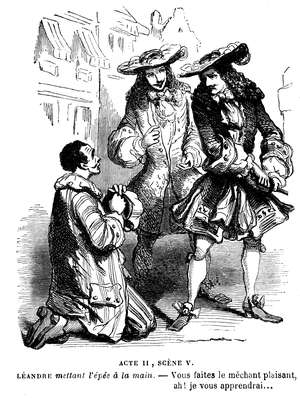 Scapin's Furries. Moliere's theatre piece (comedie), act 2, scene 5: Leandre is ready to hit Scapin (kneeling). Octave intervenes. The piece, first presented on 24 May 1671, was played 16 consecutive times, 19th century (engraving)