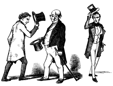 Good ways: say hello, goodbye, greet, hello, raise your hat, lift your headgear, politeness - engraving by Bertall, 19th century -
