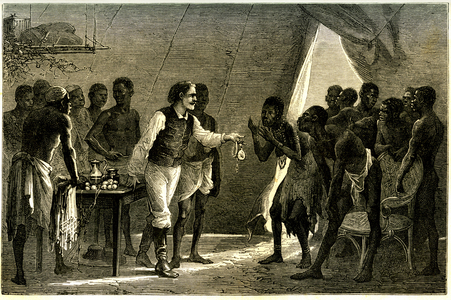 Barter in Black Africa: a European explorer offers glassware (colifichet) to members of a negre tribe - visit of the old Chol (Dinka - Mechra) - Illustration of the book “” In the heart of Africa (1868-1871), travels and discoveries in the unexploded regions of Central Africa” by George Schweinfurth (Hachette edition 1875 from the edition of 1873 and the publication in 1874 in the journal “” Le tour du Monde”” edited by Edouard Charton - from “” The Heart of Africa. Three years' travels and adventures in the unexplored regions of Central Africa from 1868 to 1871”, by Georg Schweinfurth -